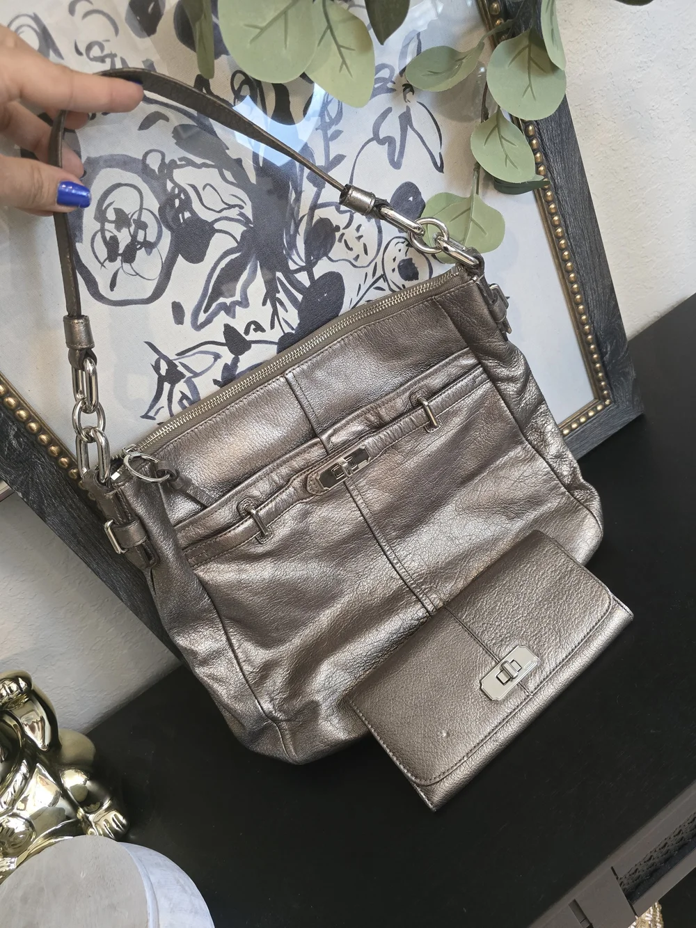 Coach Chelsea Ashlyn Metallic Pewter Leather Turnlock Hobo Bag With Wallet